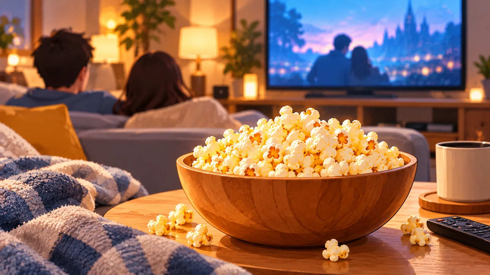 Kom boterige popcorn op de salontafel tijdens een filmavond