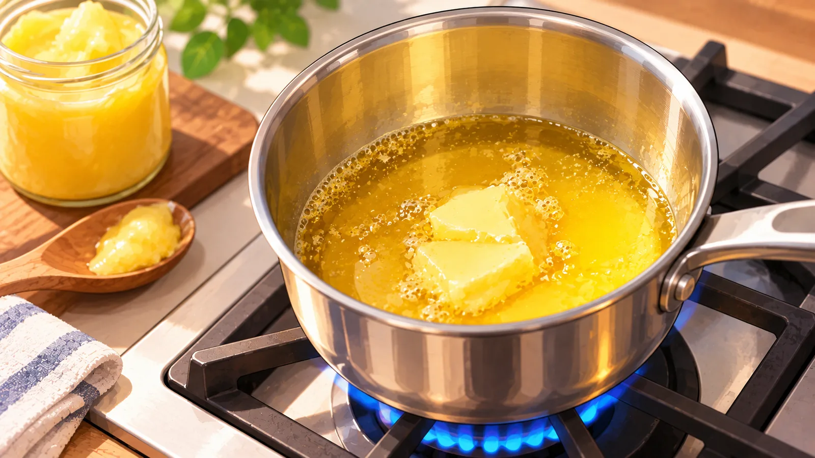 Ghee smelt in een steelpannetje op het fornuis