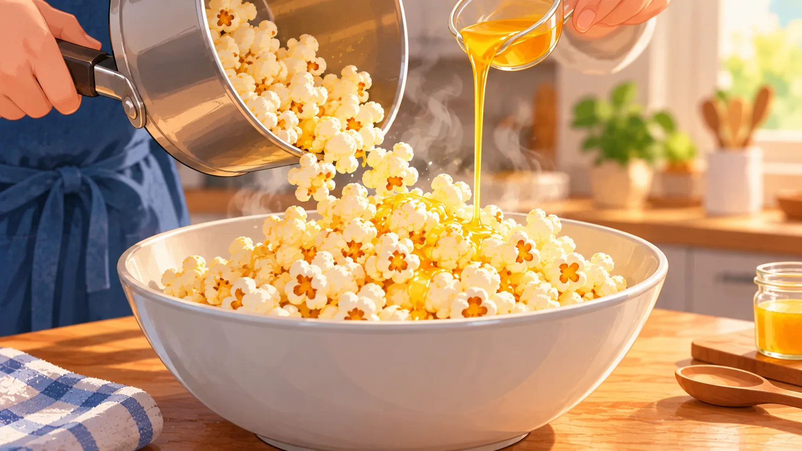 Verse popcorn in een kom met gesmolten ghee erover