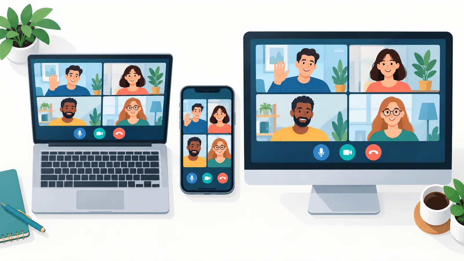 Laptop, smartphone en monitor naast elkaar met een videogesprek