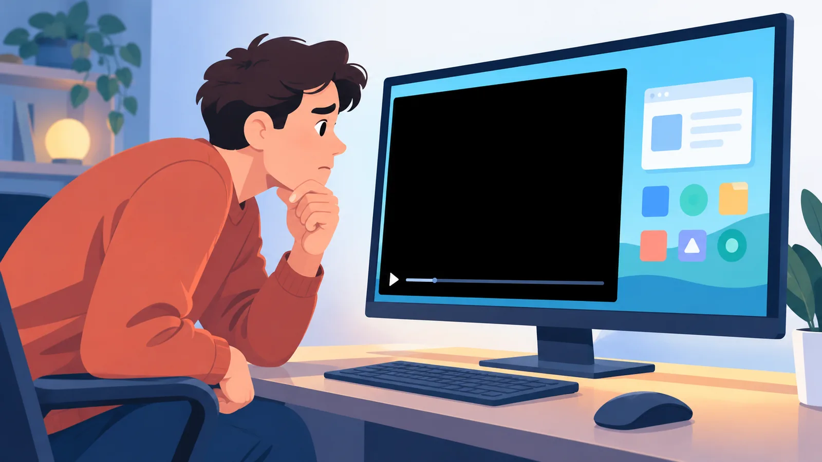Monitor met een zwart filmvenster naast een normaal bureaublad