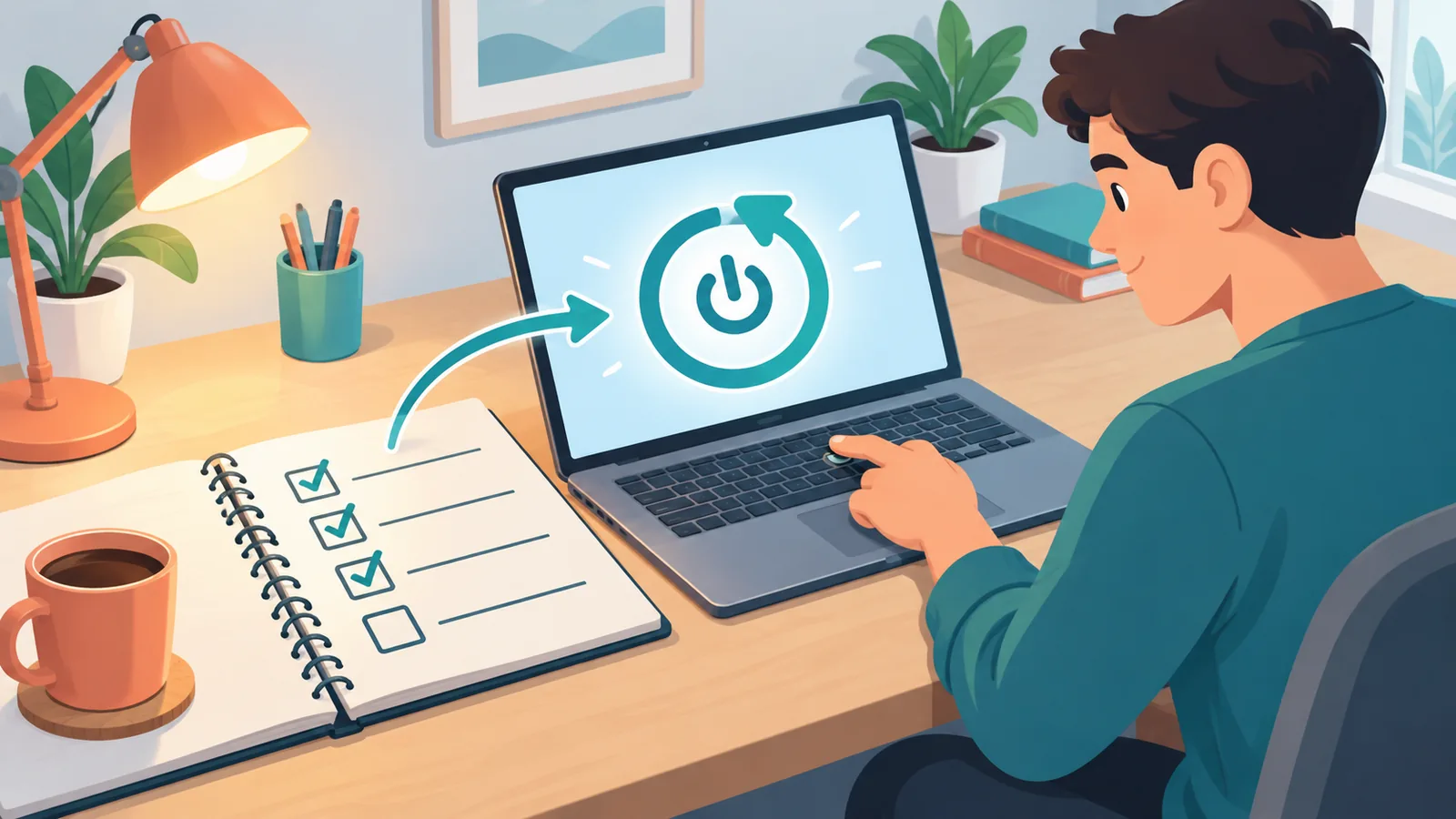 Persoon die een laptop herstart naast een checklist