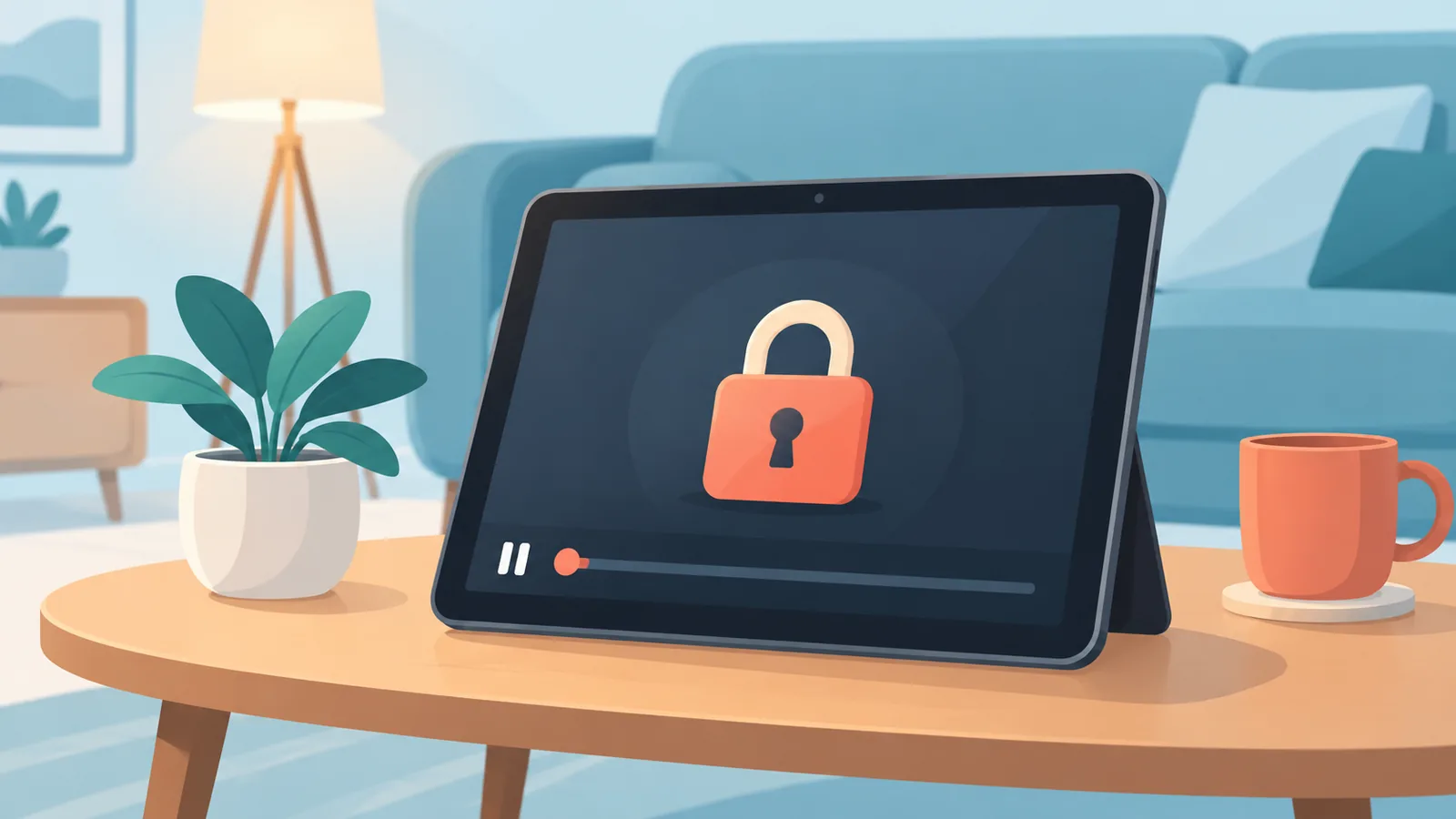 Tablet met een donkere videospeler en een slotpictogram