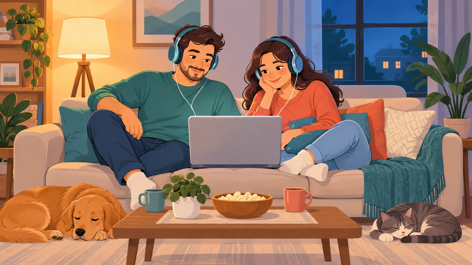Twee vrienden die samen een film kijken op een laptop