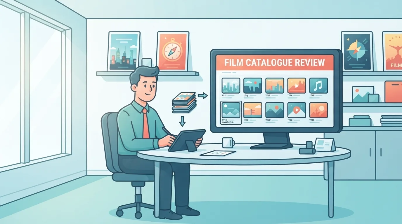 Medewerker van een distributeur bekijkt een filmcatalogus
