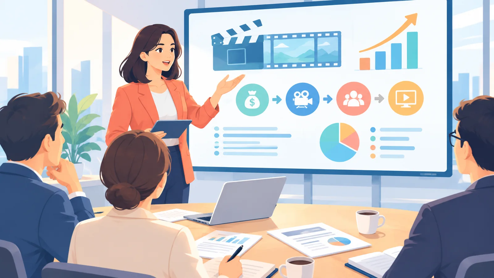 Producent presenteert een financieringsplan aan investeerders