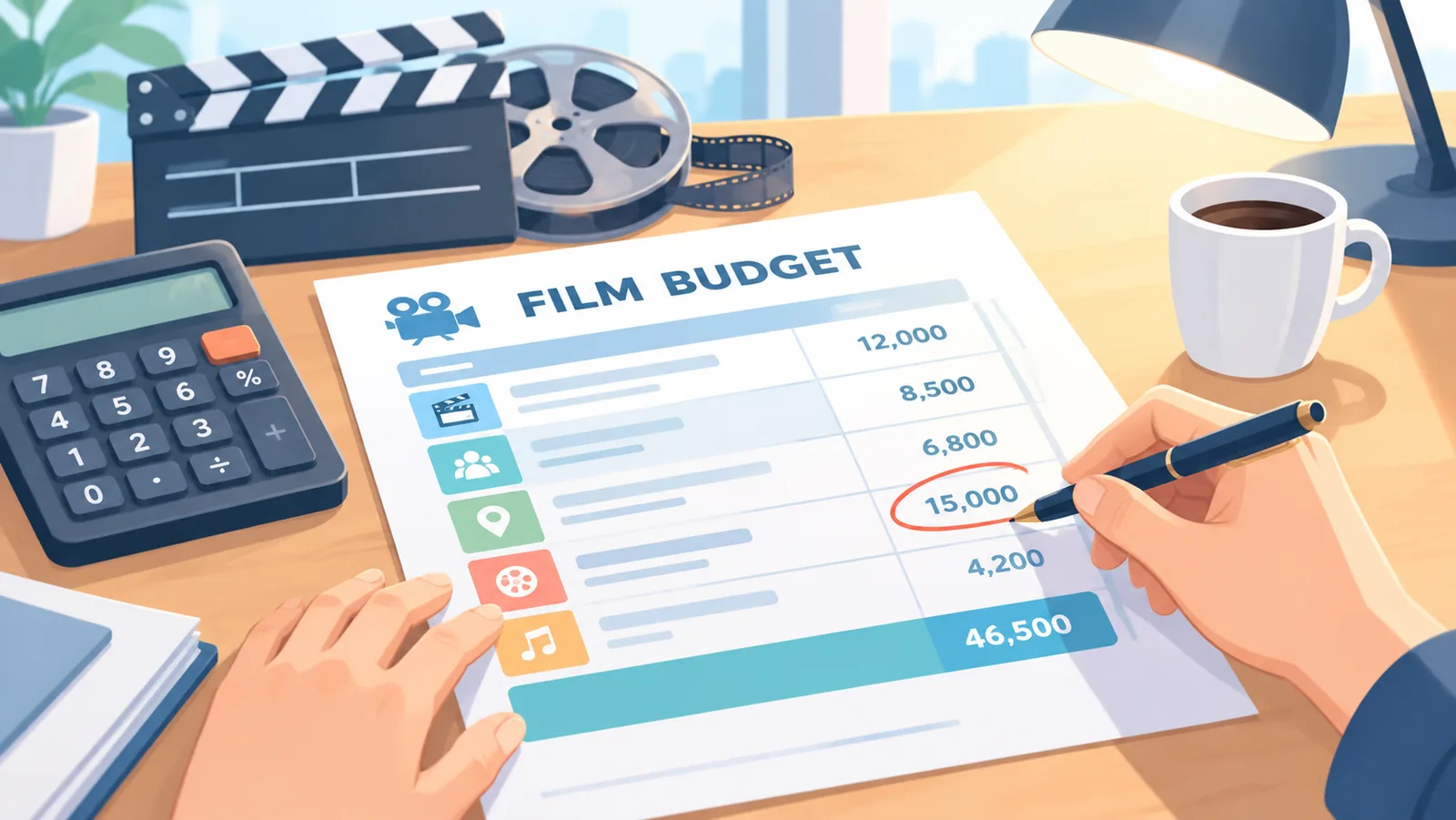 Producent controleert een filmbudget met posten voor vergoedingen en overhead