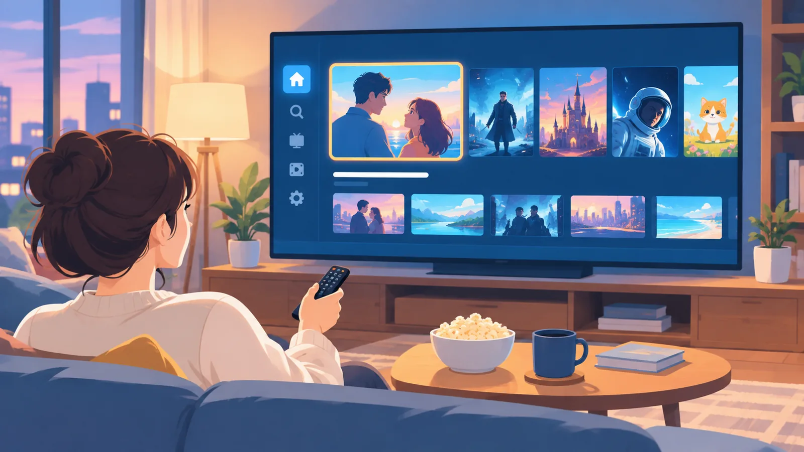 Kijker kiest een film via een streamingdienst op de televisie