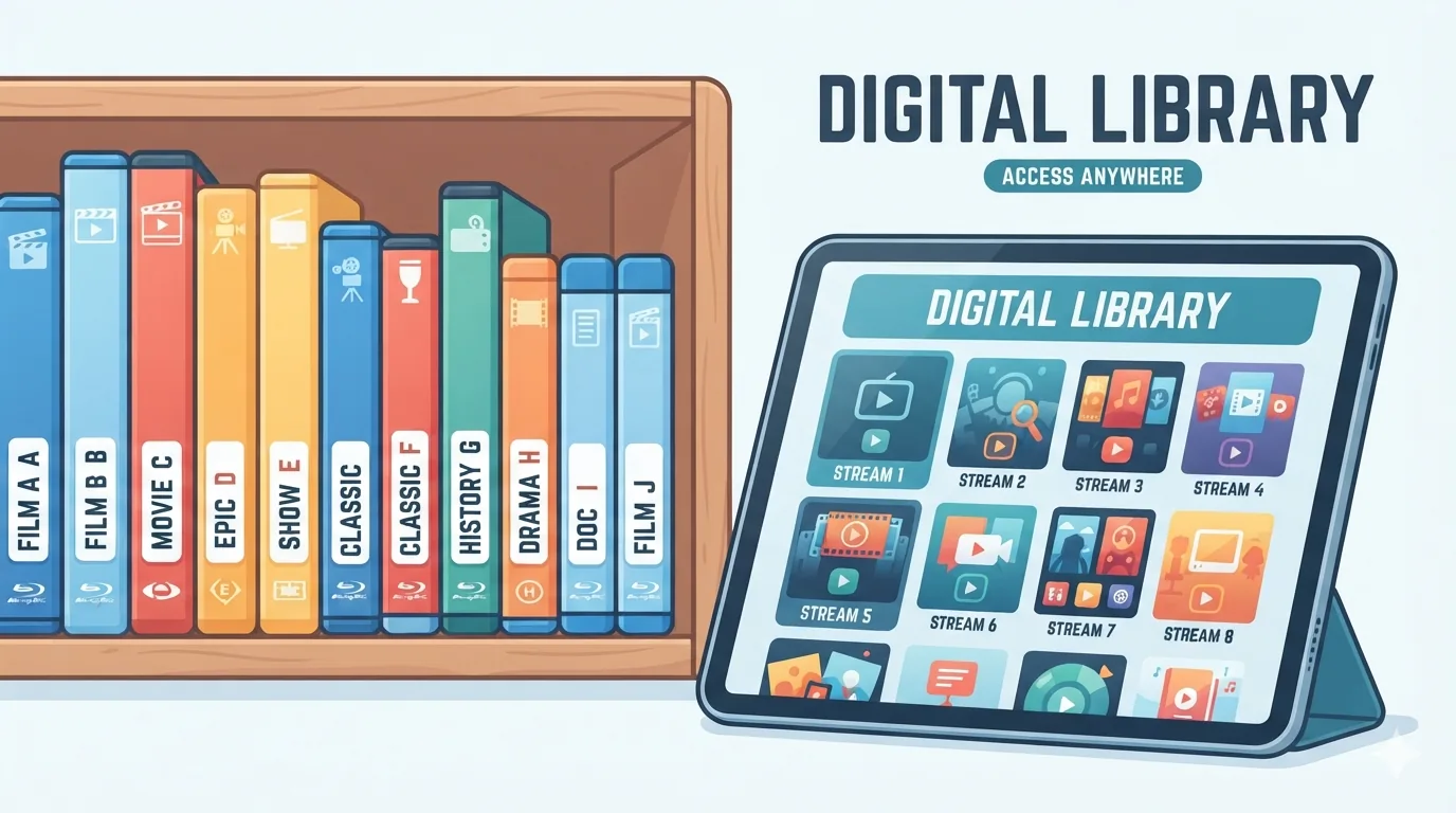 Plank met dvd's en blu-rays naast een tablet met filmaanbod
