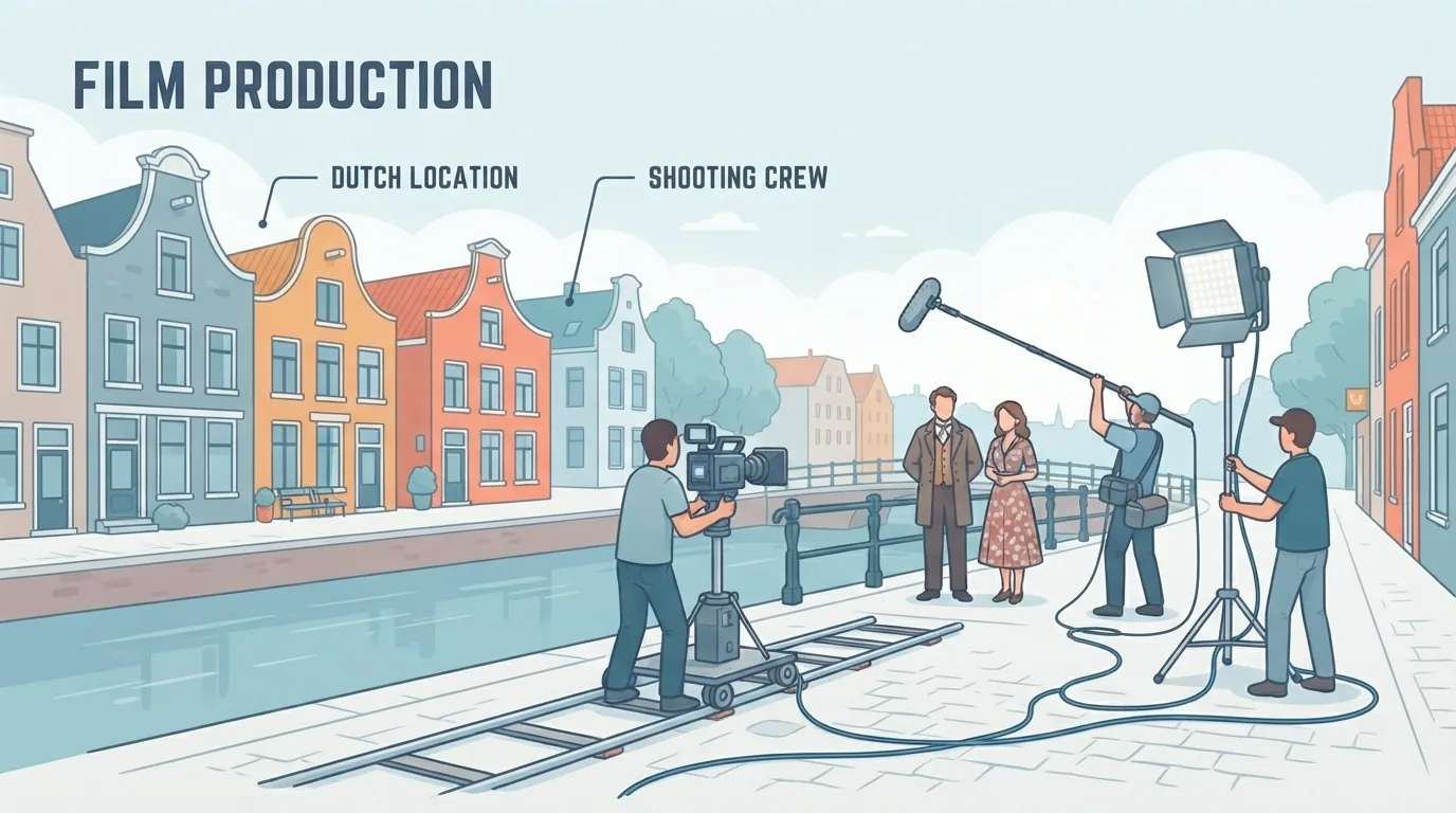 Filmploeg draait een scène op locatie in een Nederlandse stad
