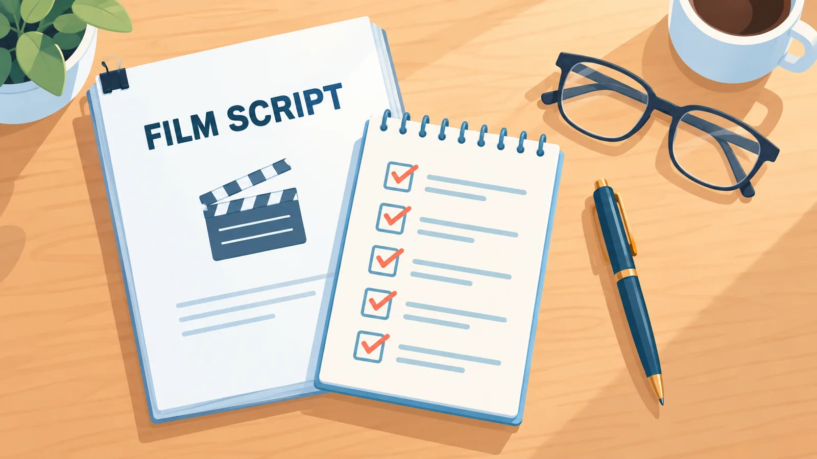 Checklist met afvinkvakjes naast een filmscript en notities
