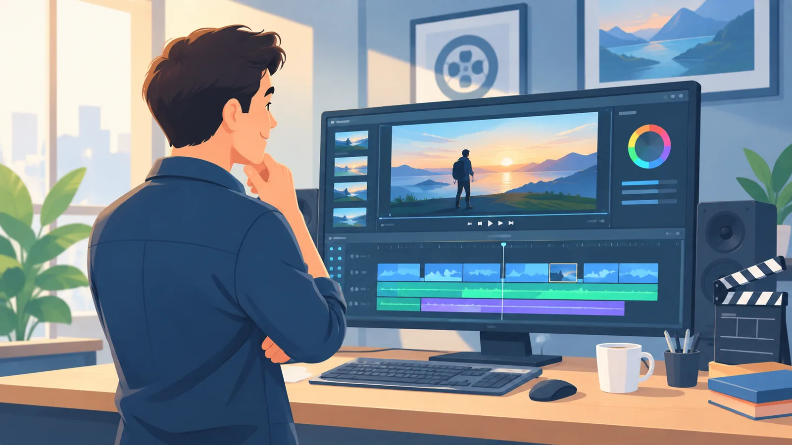Producent kijkt naar een afgeronde film in een montagestudio