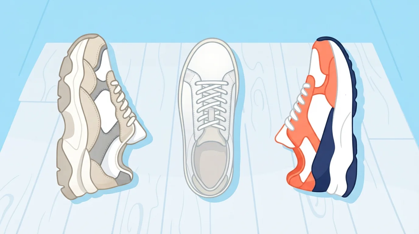 Drie damessneakers in een stevig, slank en sportief silhouet naast elkaar