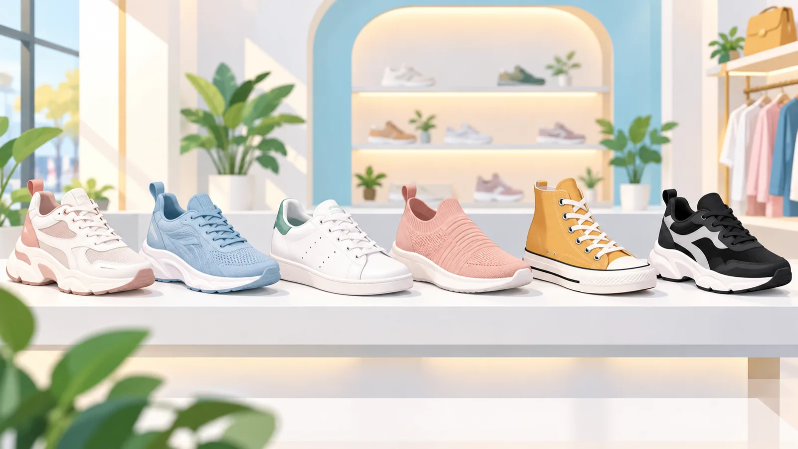 Zes verschillende damessneakers op een witte plank in een lichte winkel