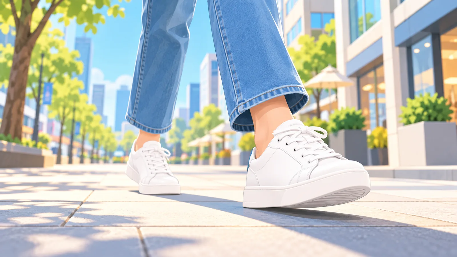 Vrouw in jeans en witte leren sneakers op straat