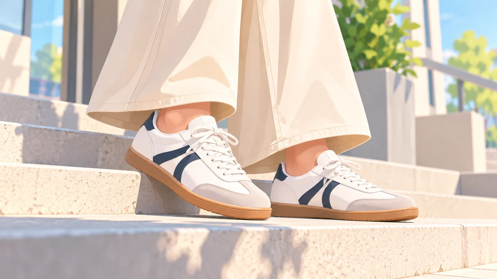 Slanke retrosneakers met gomzool onder een wijde broek