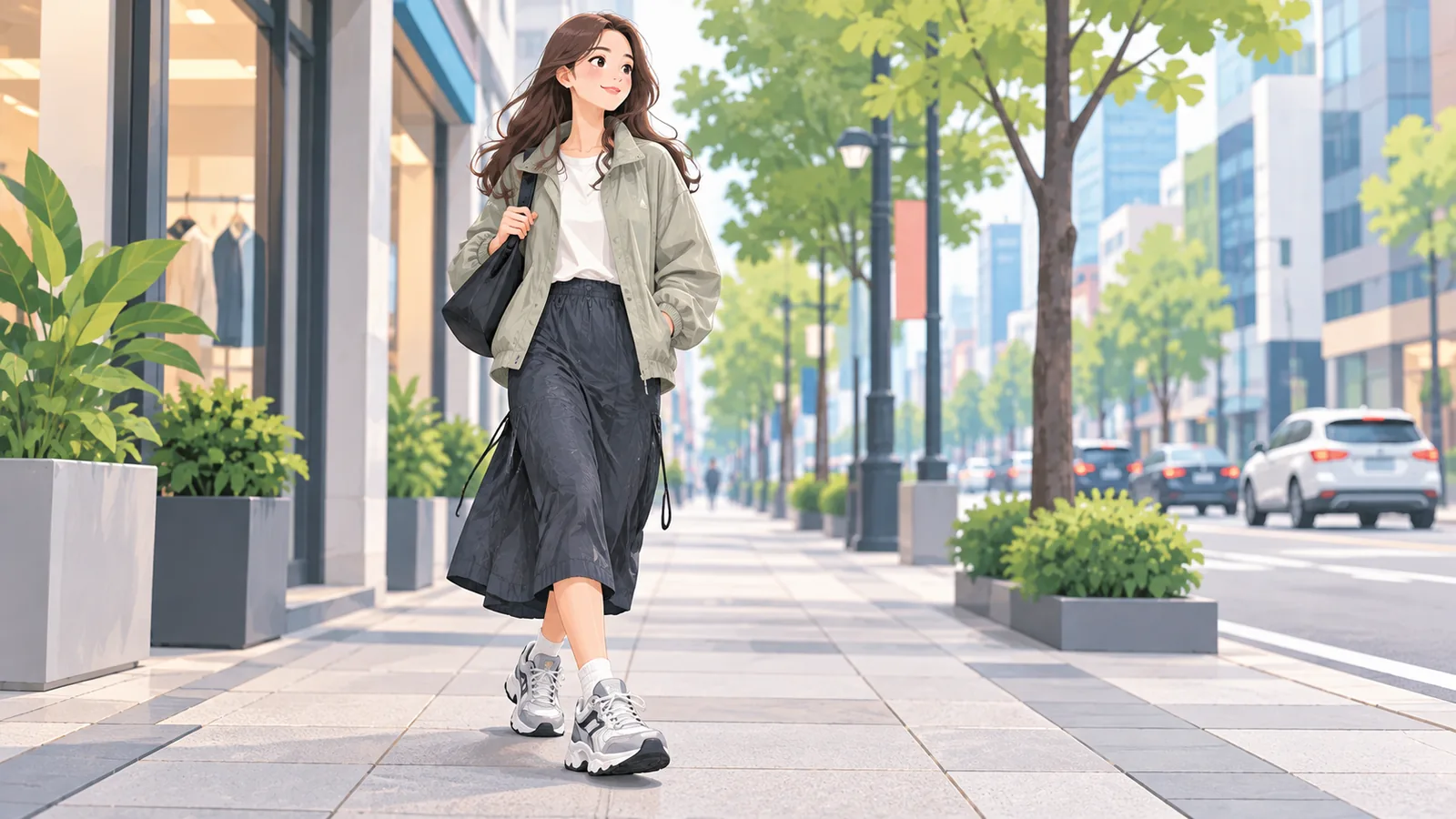 Stevige runnersneakers gecombineerd met een nylon rok en oversized jas