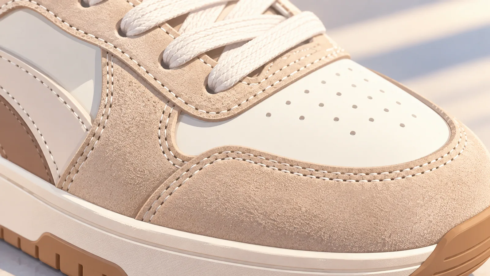 Close-up van suède op een sneaker