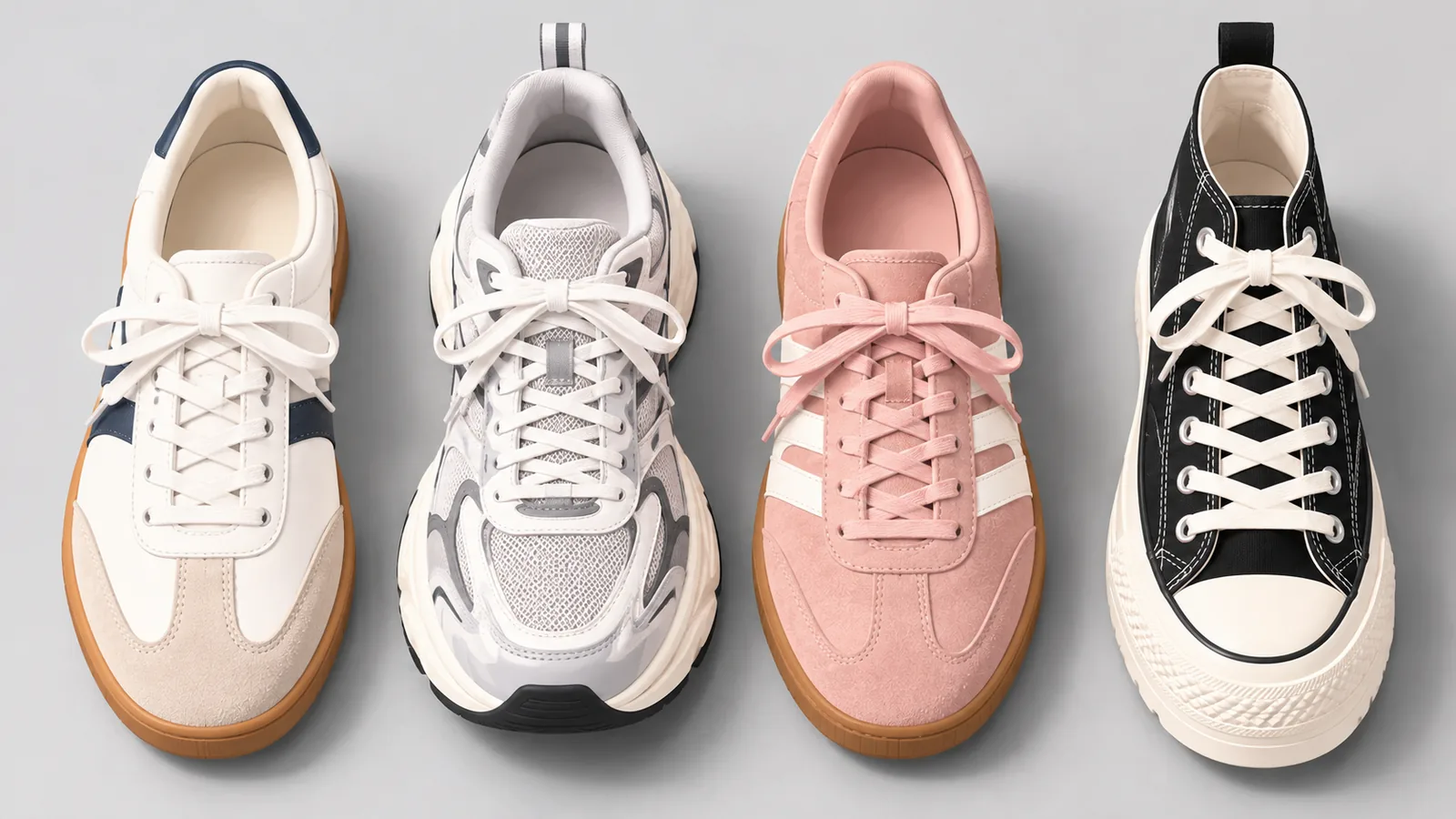 Vier damessneakers op een rij voor een vergelijking
