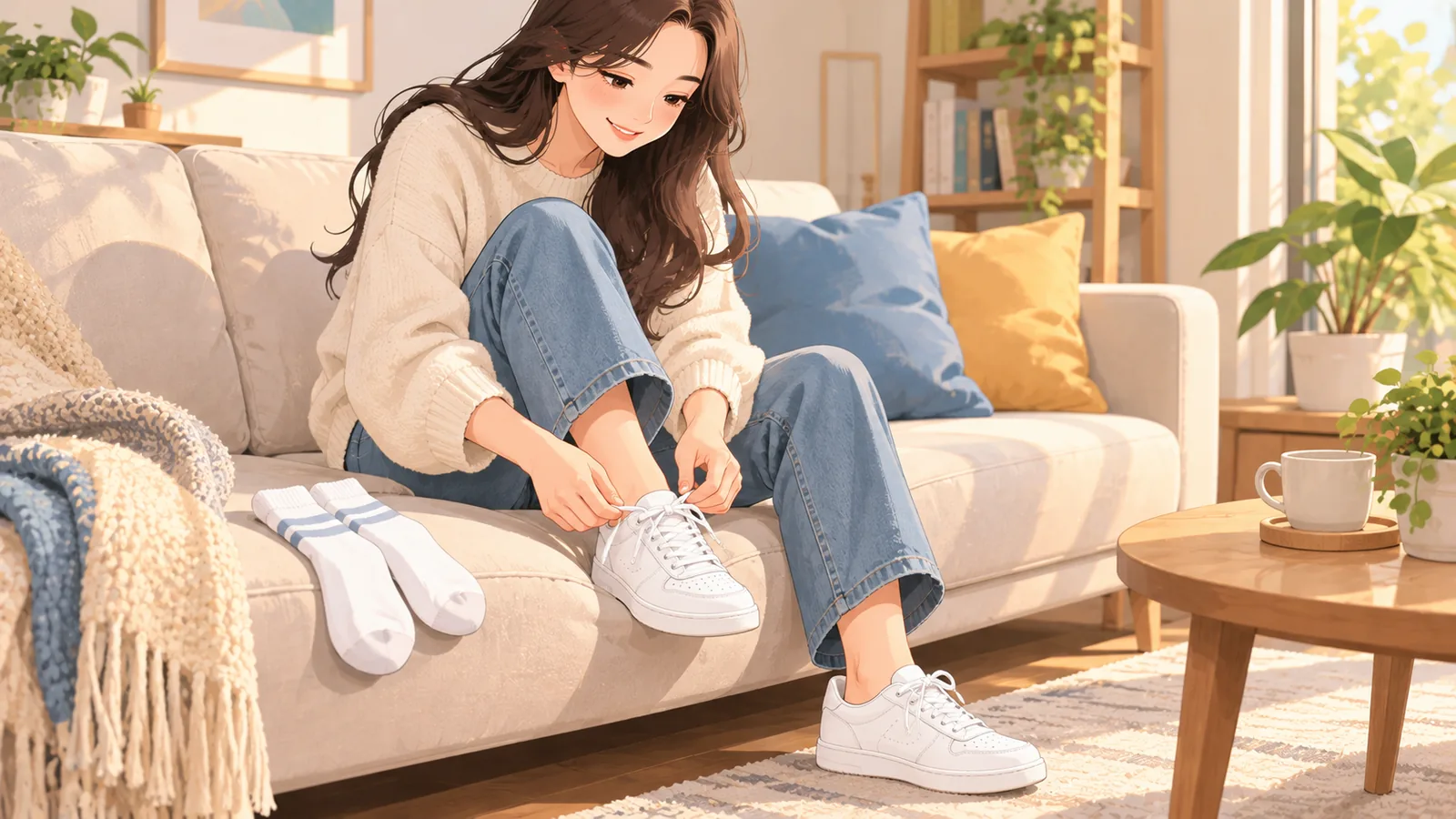 Vrouw strikt de veters van een witte sneaker thuis op de bank