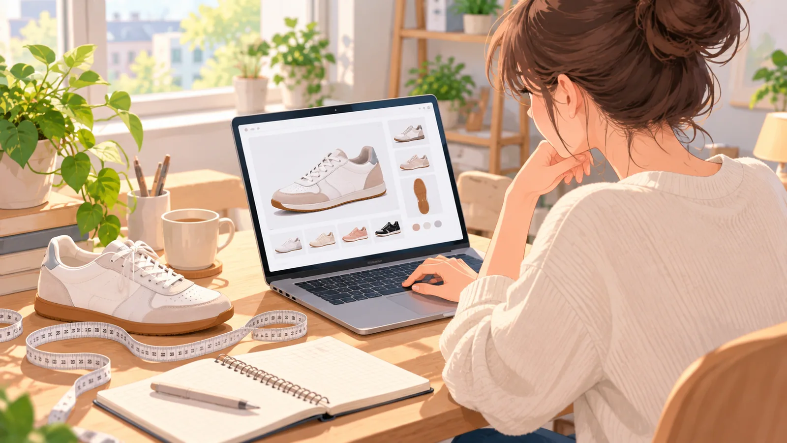 Vrouw controleert maat en prijs van een sneaker op haar laptop