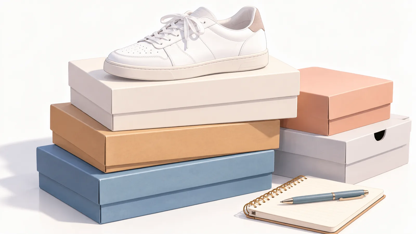 Schoenendozen met een witte sneaker en een notitieboekje