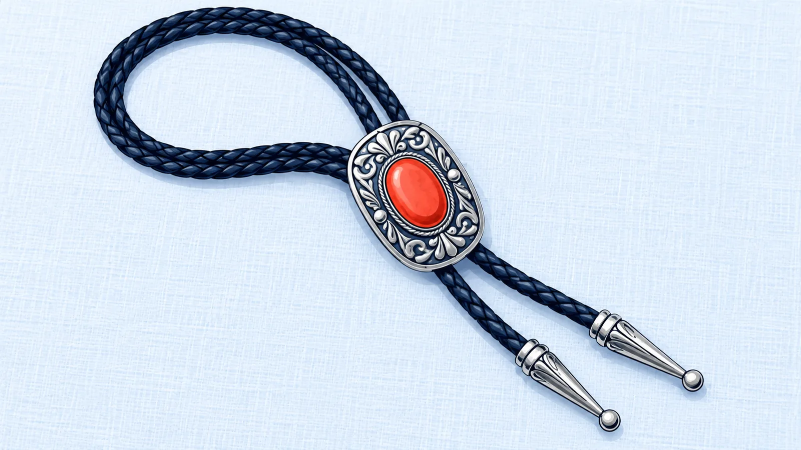 Een bolo tie met koord, schuif en metalen punten op een linnen ondergrond