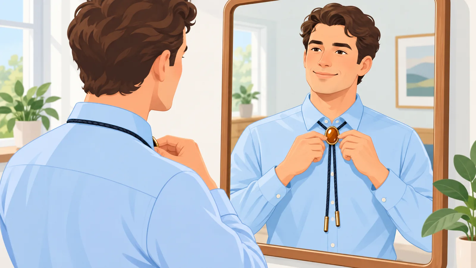 Man doet een bolo tie om voor de spiegel