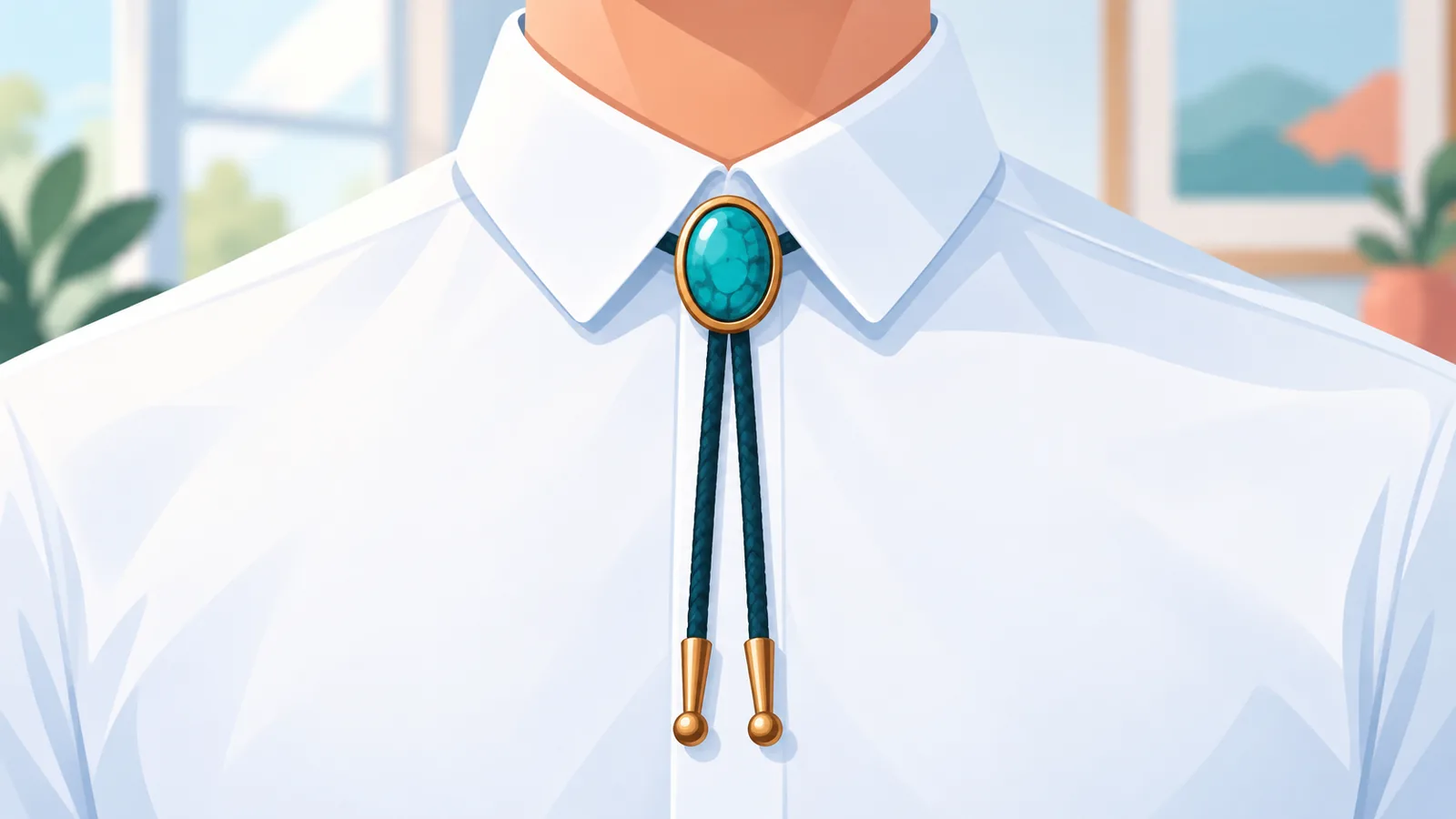 Bolo tie met dichte bovenste knoop en schuif onder de kraag