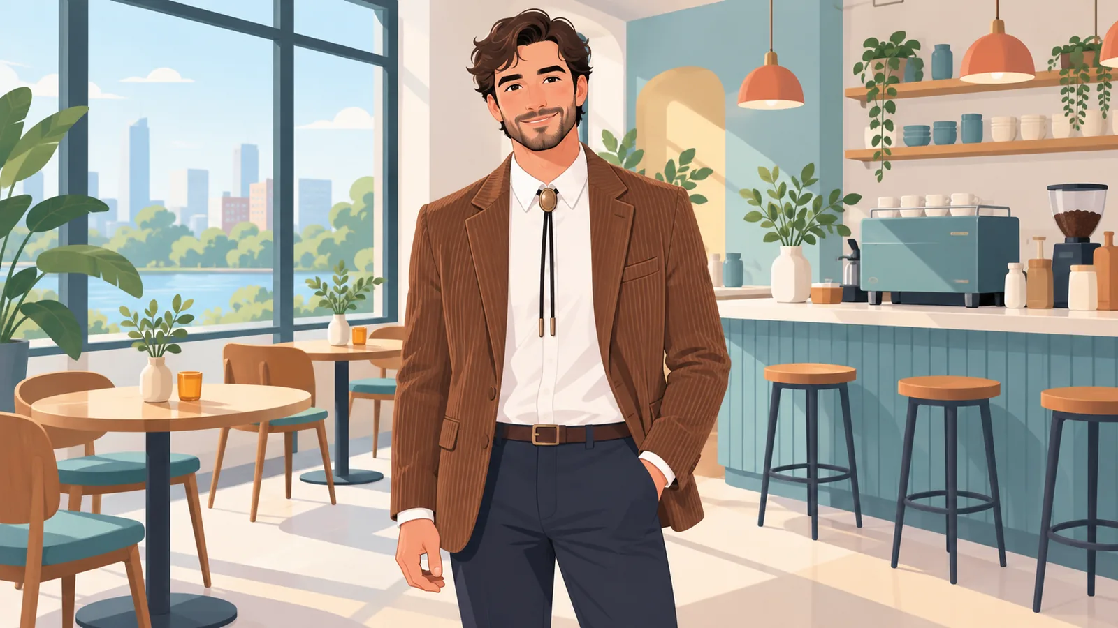 Smart casual look met oxfordoverhemd, jasje en bolo tie