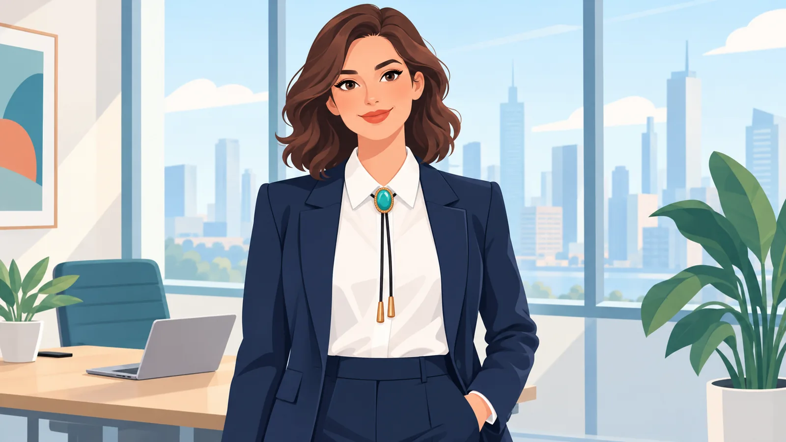 Vrouw met blouse, blazer en bolo tie