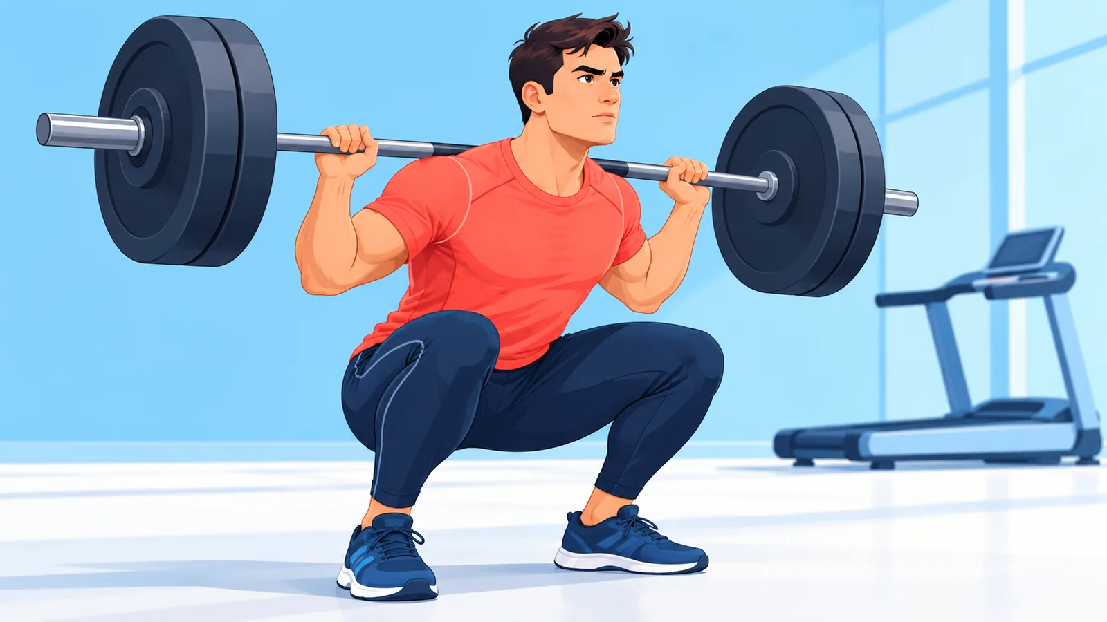 Persoon doet een squat met een halterstang in een sportschool met een loopband op de achtergrond