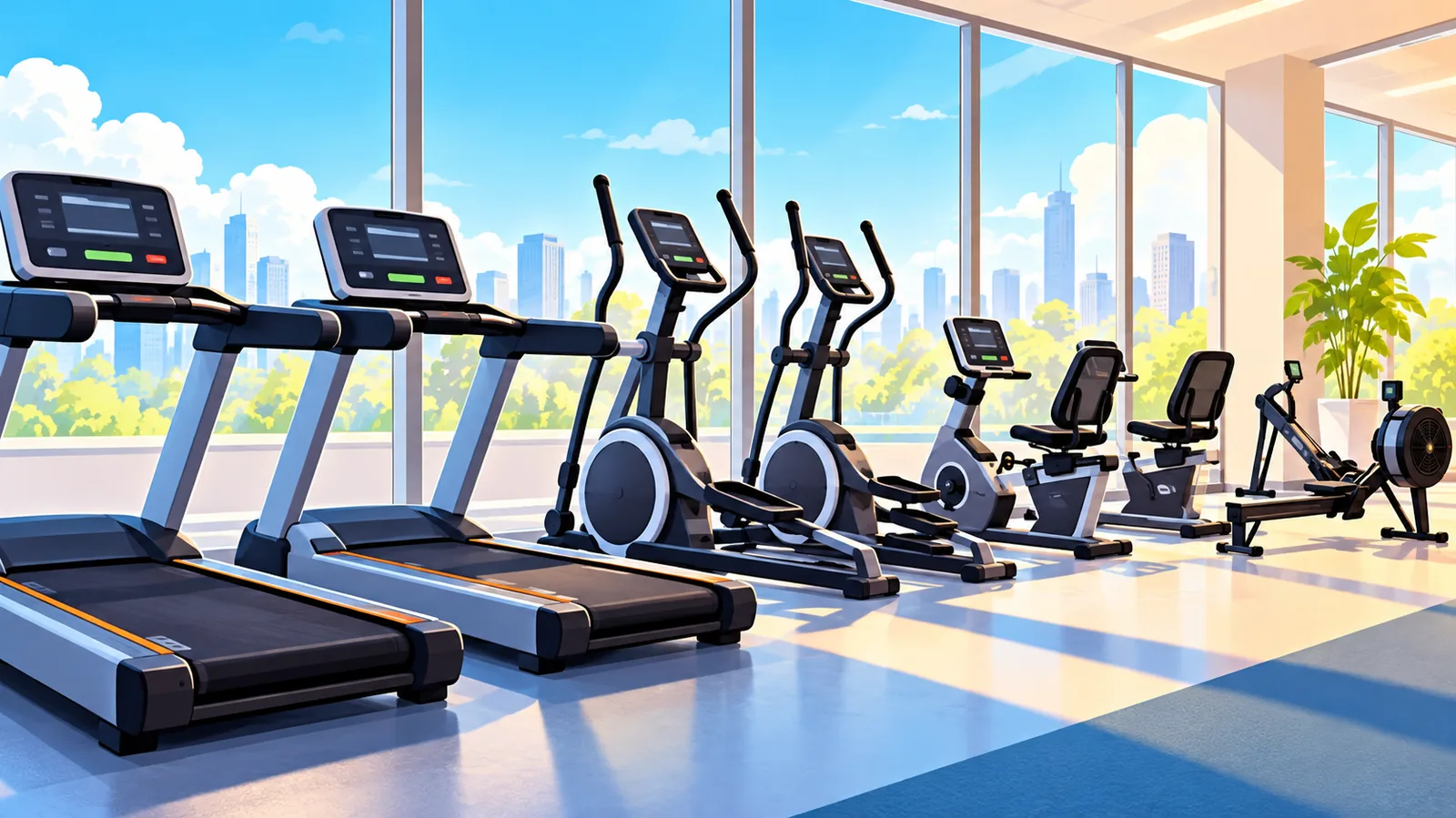 Cardiovloer van een sportschool met loopbanden, crosstrainers, ligfietsen en een roeitrainer