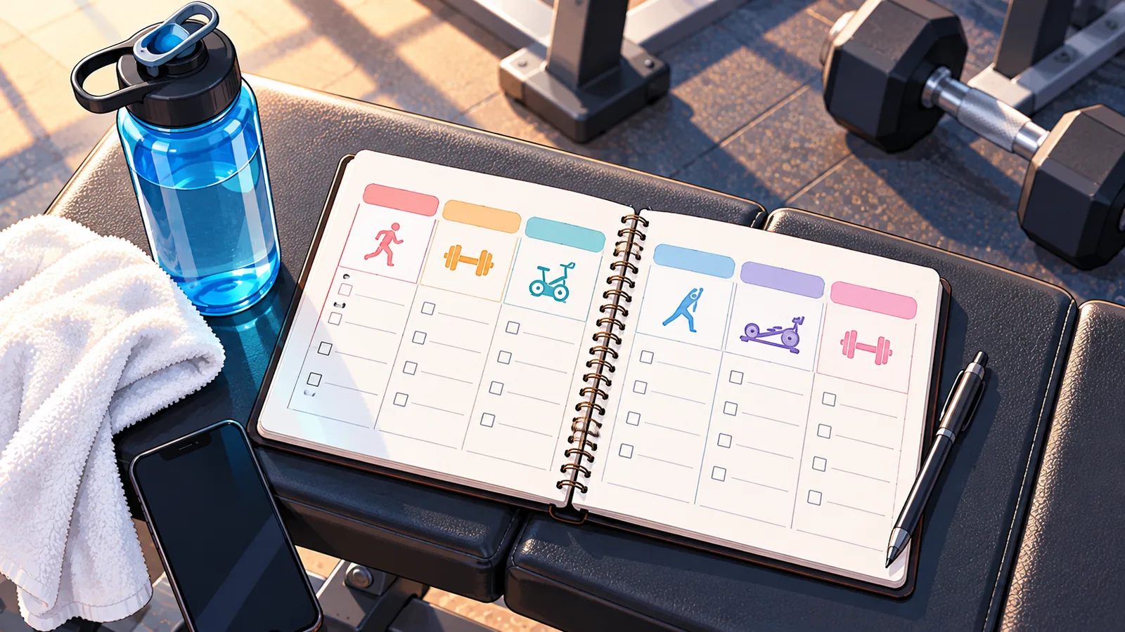 Trainingsplanner met waterfles en handdoek op een bankje in de sportschool