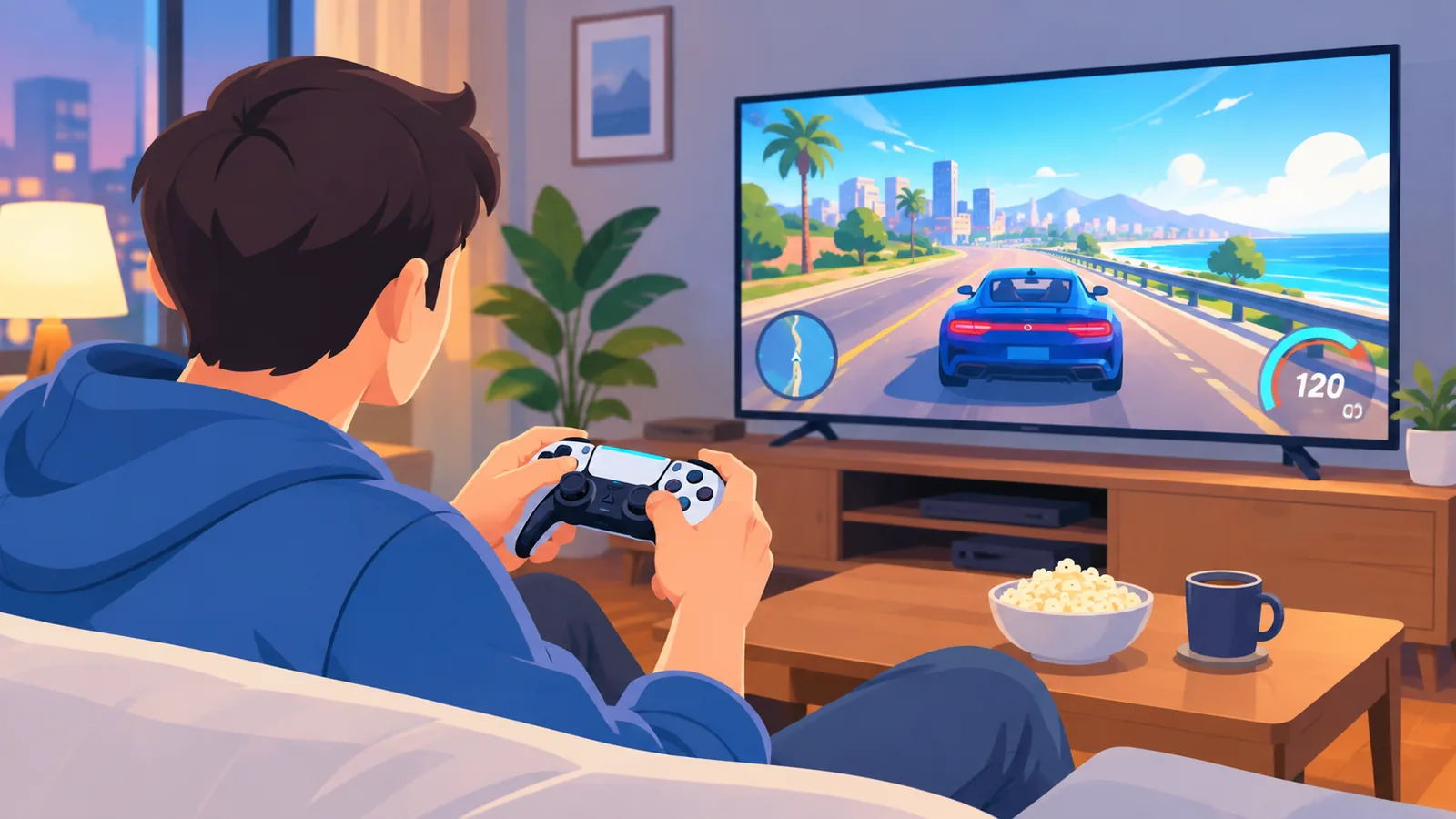 Speler op de bank met een controller voor een tv met een racegame