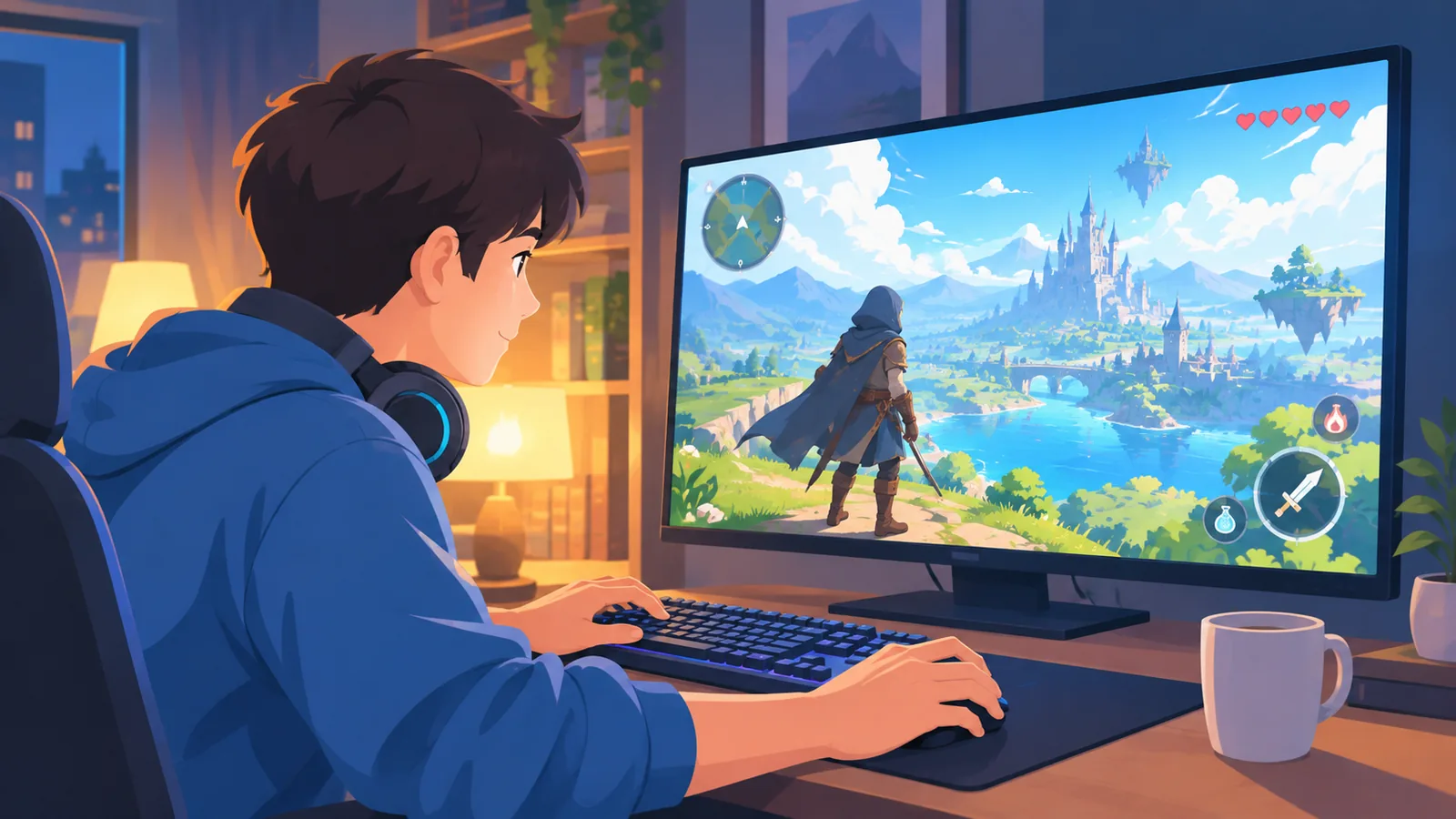 Gamer speelt een fantasy-rollenspel op een monitor