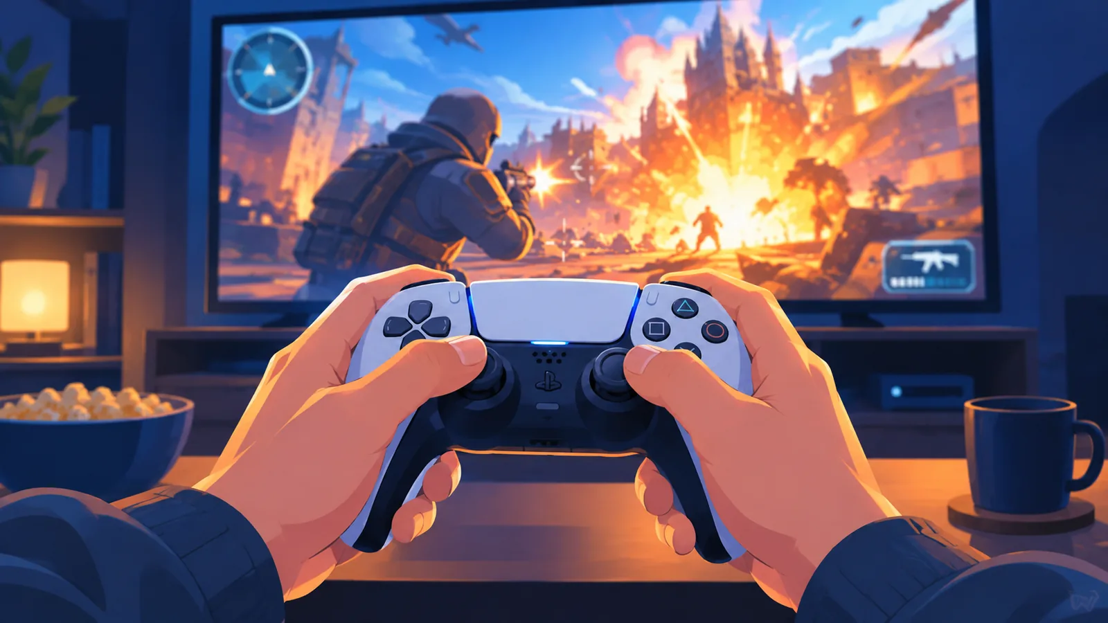 Handen met een controller tijdens een spannend actiemoment