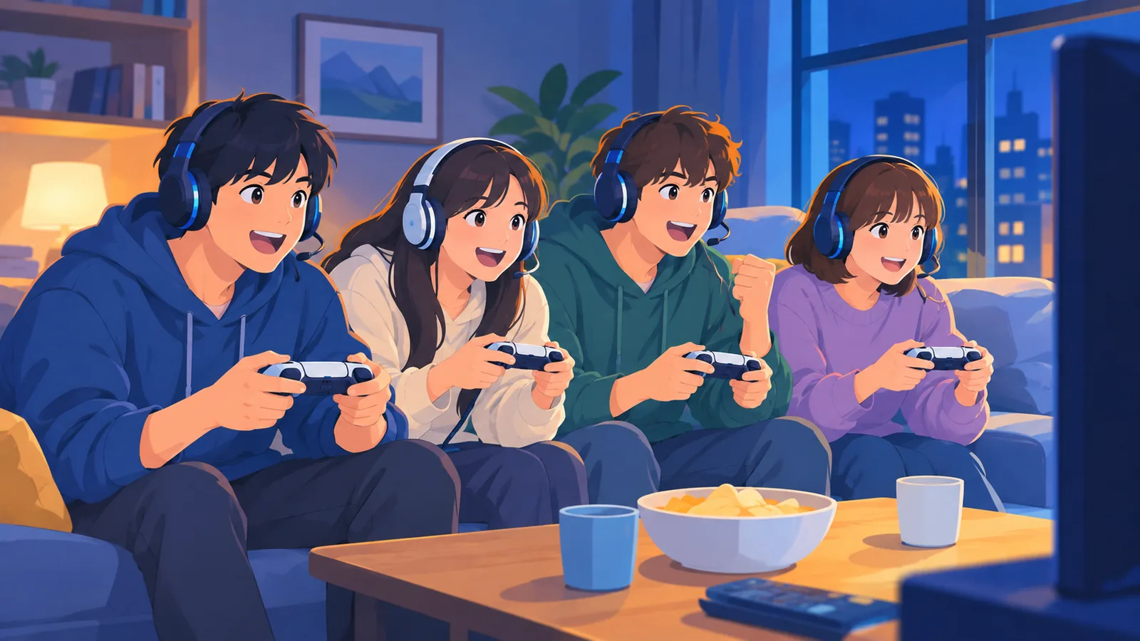 Vrienden spelen samen een multiplayergame op de bank