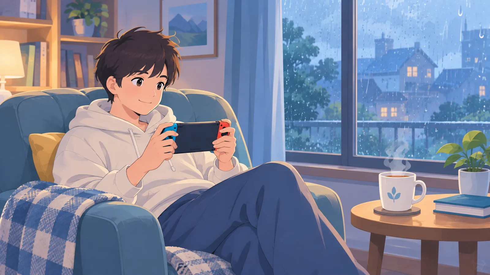 Speler ontspant met een handheld en een kop thee