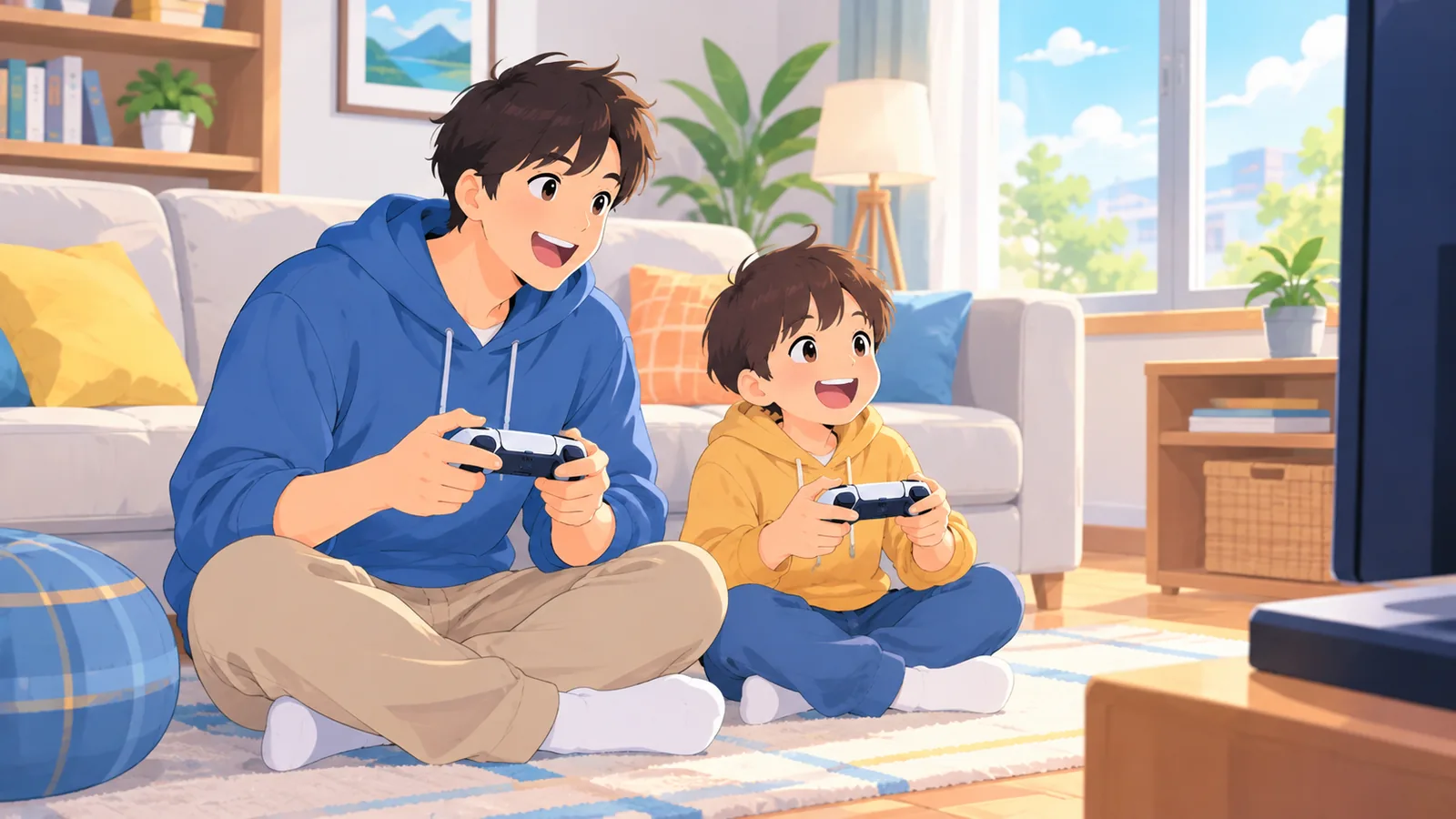 Ouder en kind spelen samen een game op de vloer