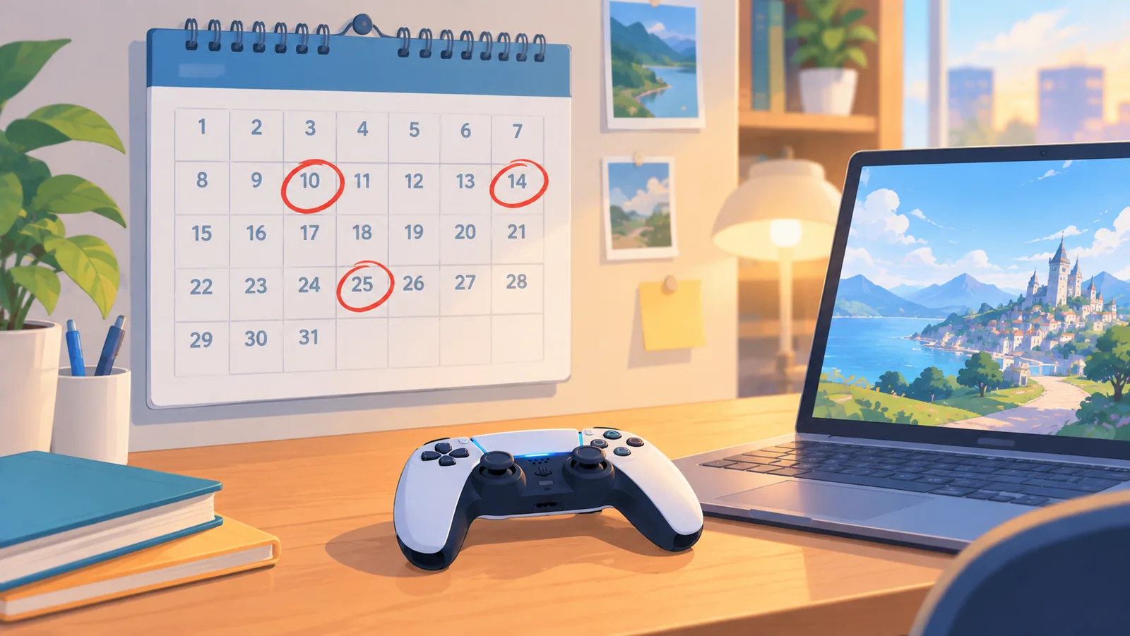 Kalender met omcirkelde data naast een laptop en controller