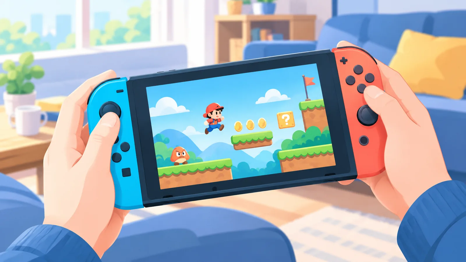 Handheld gameconsole met een kleurrijke platformgame op het scherm