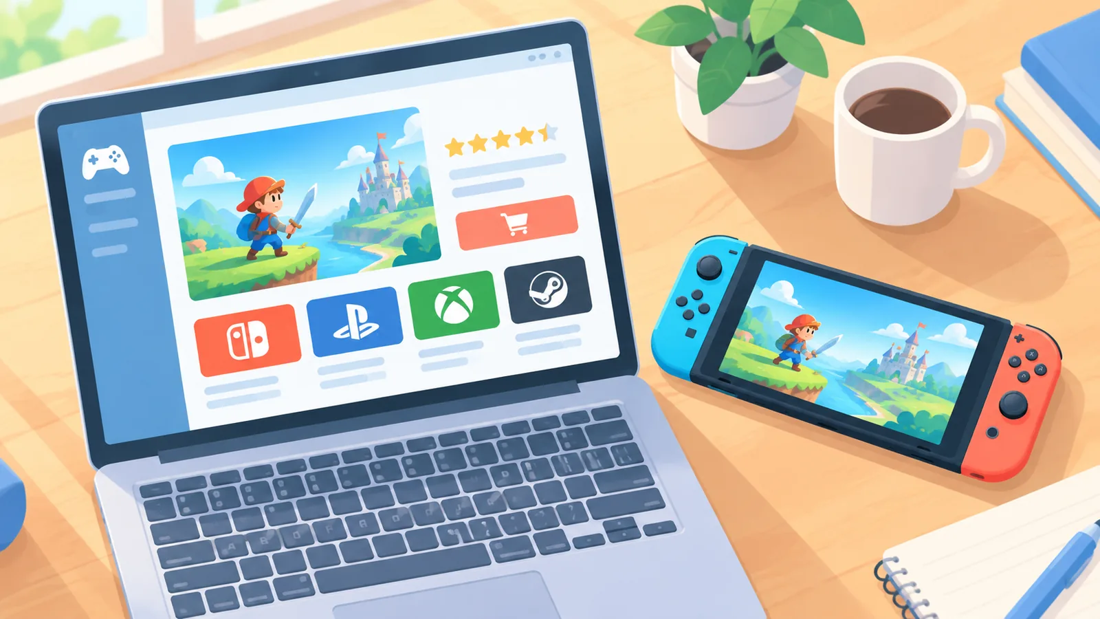 Laptop met gamewinkel en compatibiliteitslabels naast een handheld