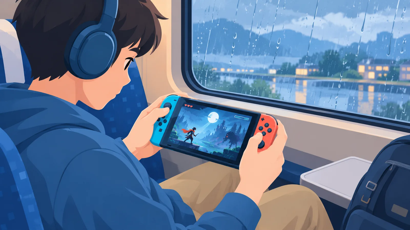 Reiziger speelt een actiegame op een handheld in de trein