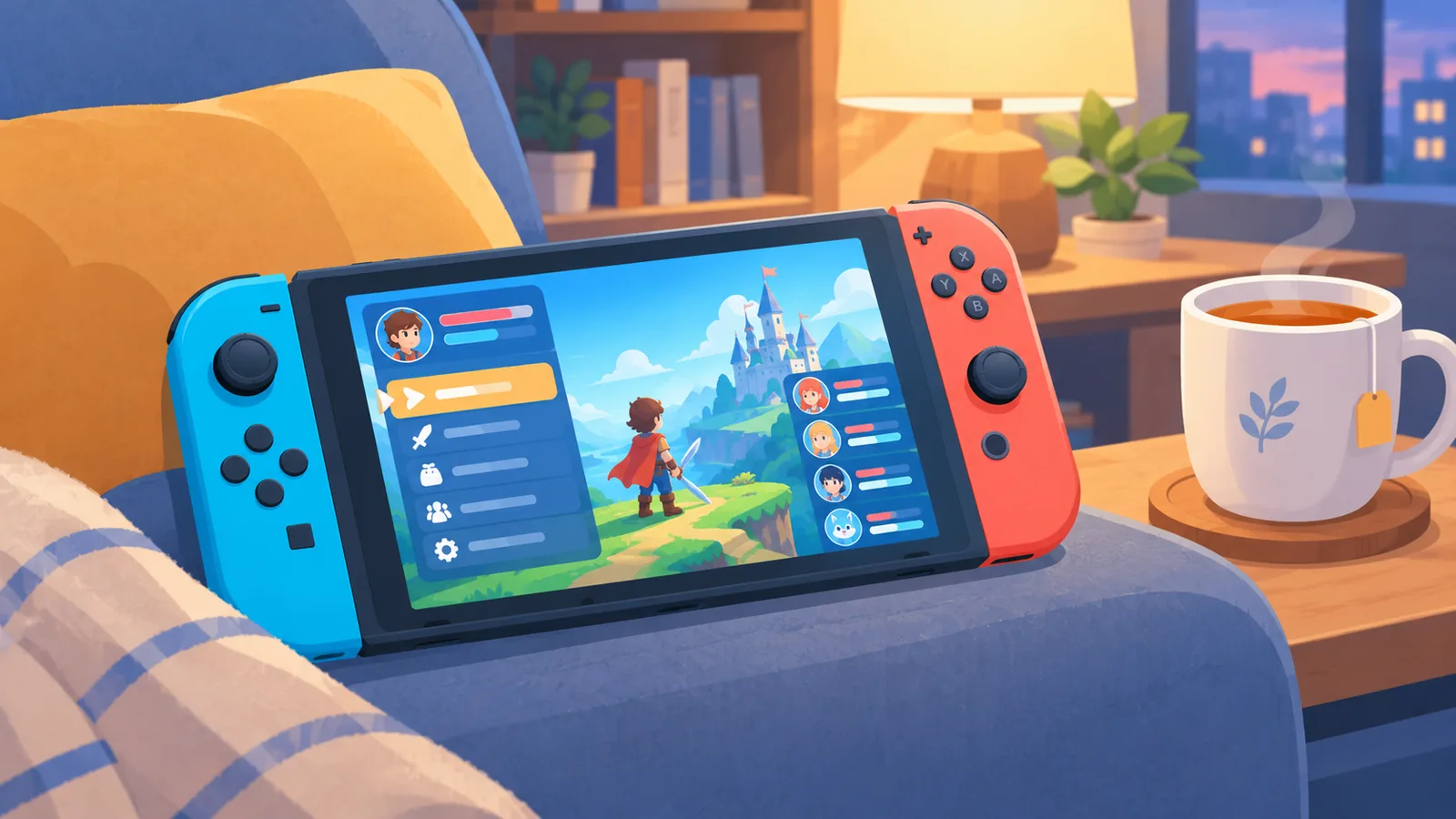 Handheld met een rollenspelmenu op de leuning van een bank