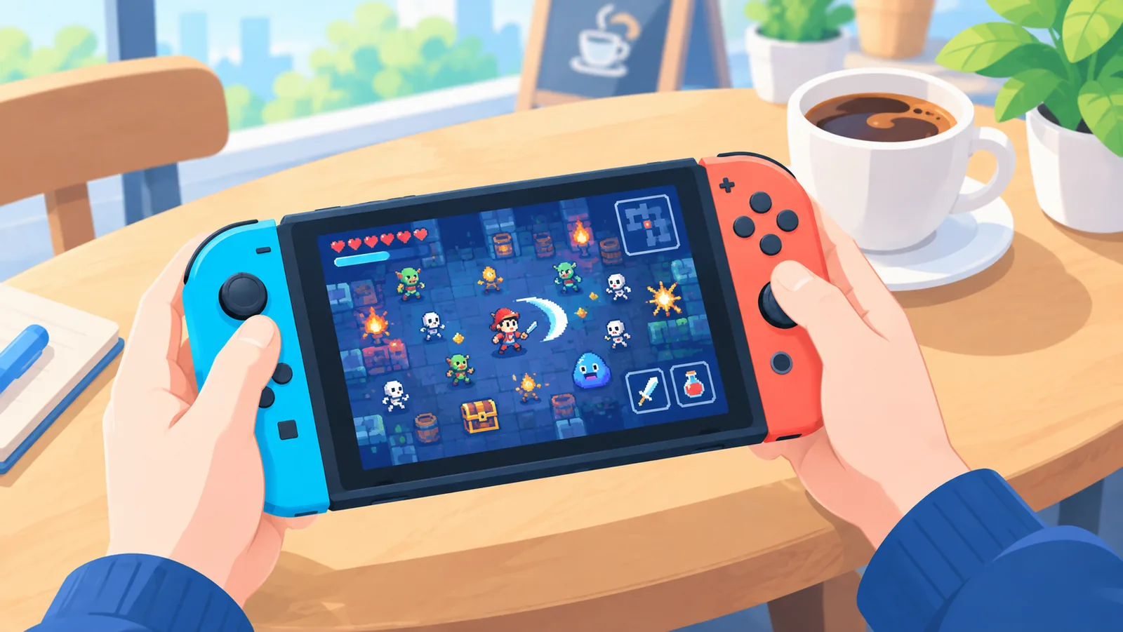Korte gamesessie met een pixelart-roguelike aan een cafétafel