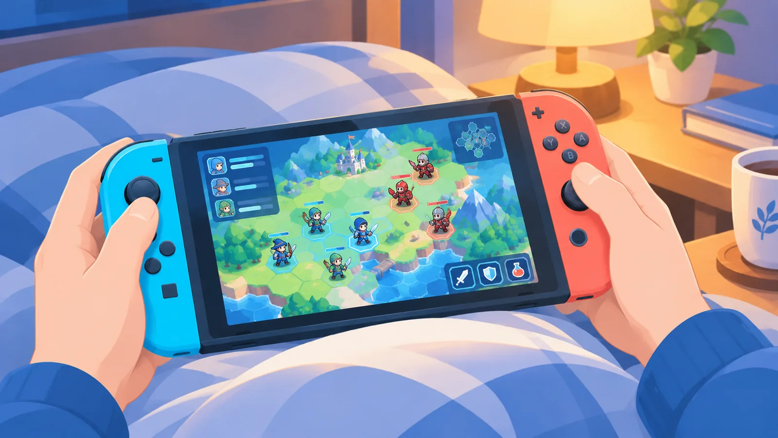 Strategiegame met hexagonale kaart op een handheld in bed