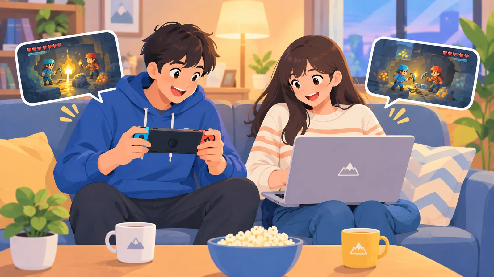 Twee vrienden spelen samen een coöpgame op de bank