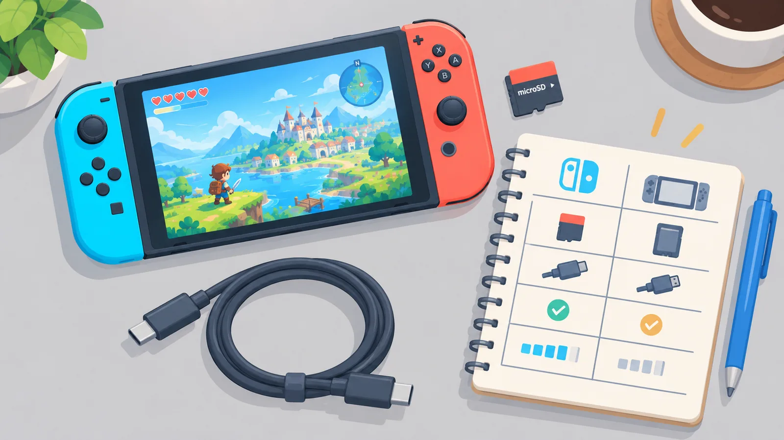 Handheld met microSD-kaart en notitieblok met vergelijkingstabel