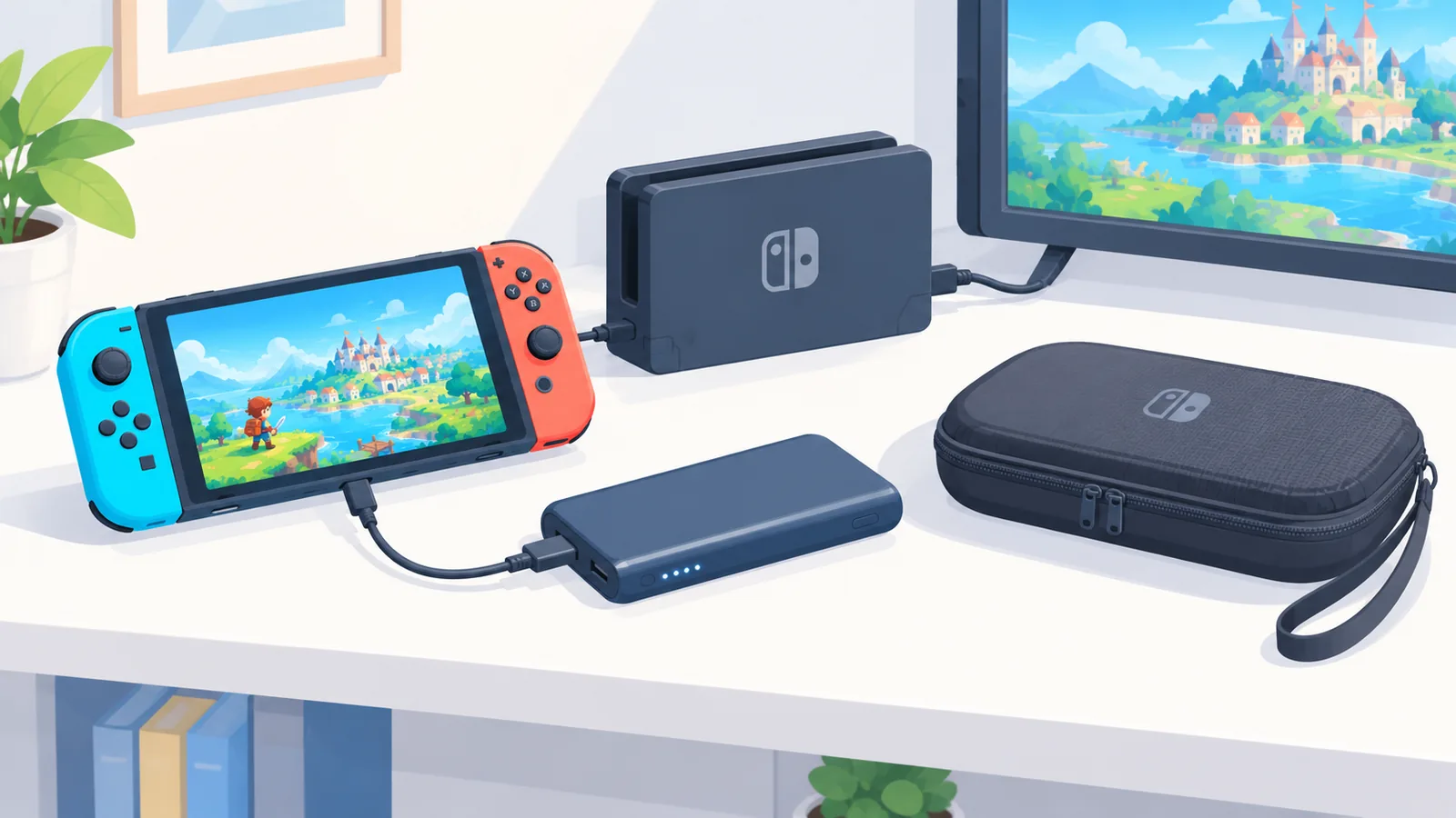 Handheld met dock, powerbank en beschermhoes op een plank